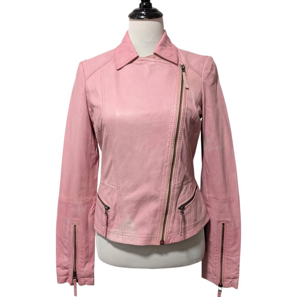 Oui Womens Size US 4 Pink Washed Lamb Leather Asymmetric Zip Moto Style Jacket